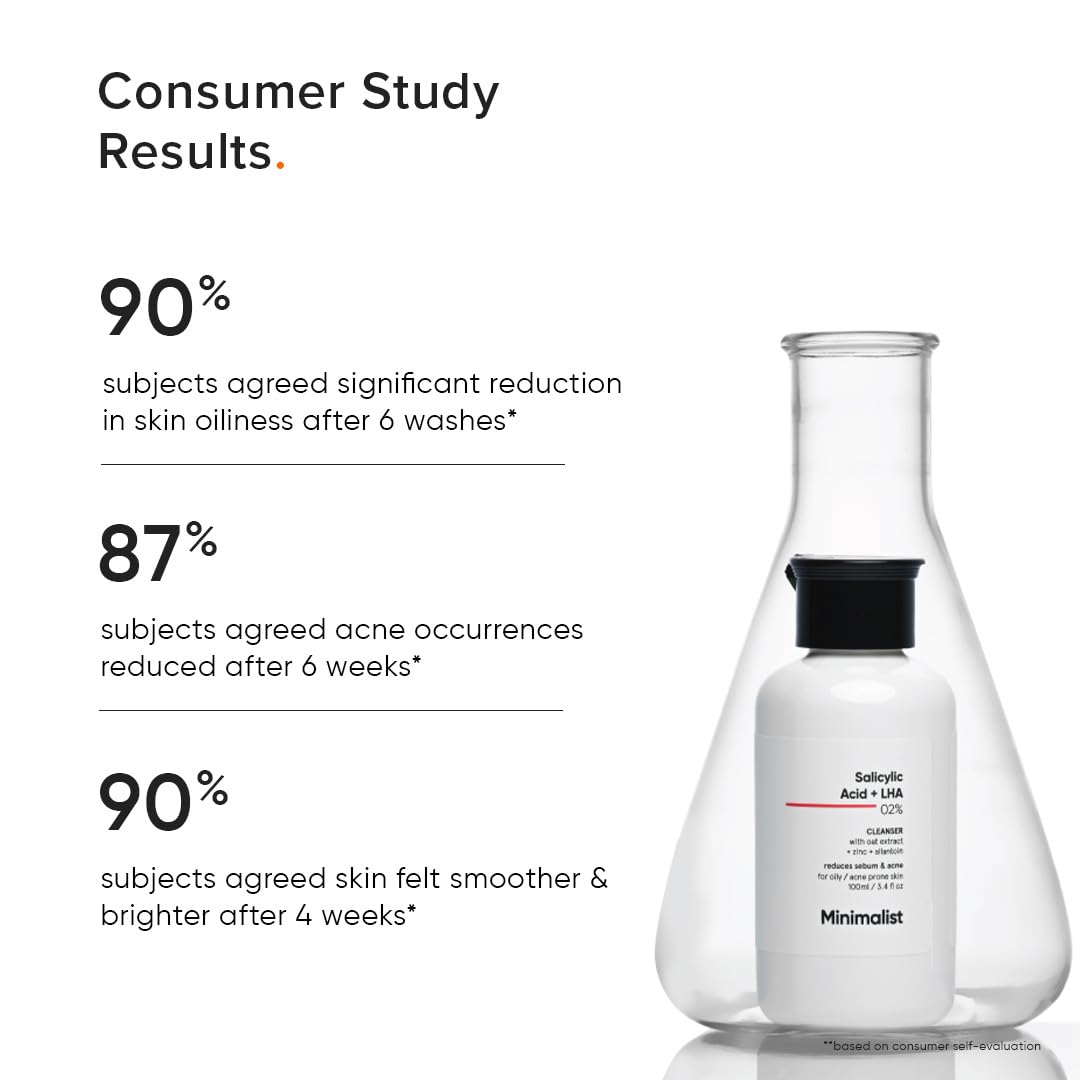 Minimalist Face Wash for Oily, Acne Prone Skin | Salicylic Acid 2% Anti Acne Face Cleanser With LHA & Zinc | Sulphate free Gentle BHA Liquid Exfoliant | For Women & Men | 3.4 Fl Oz / 100 ml