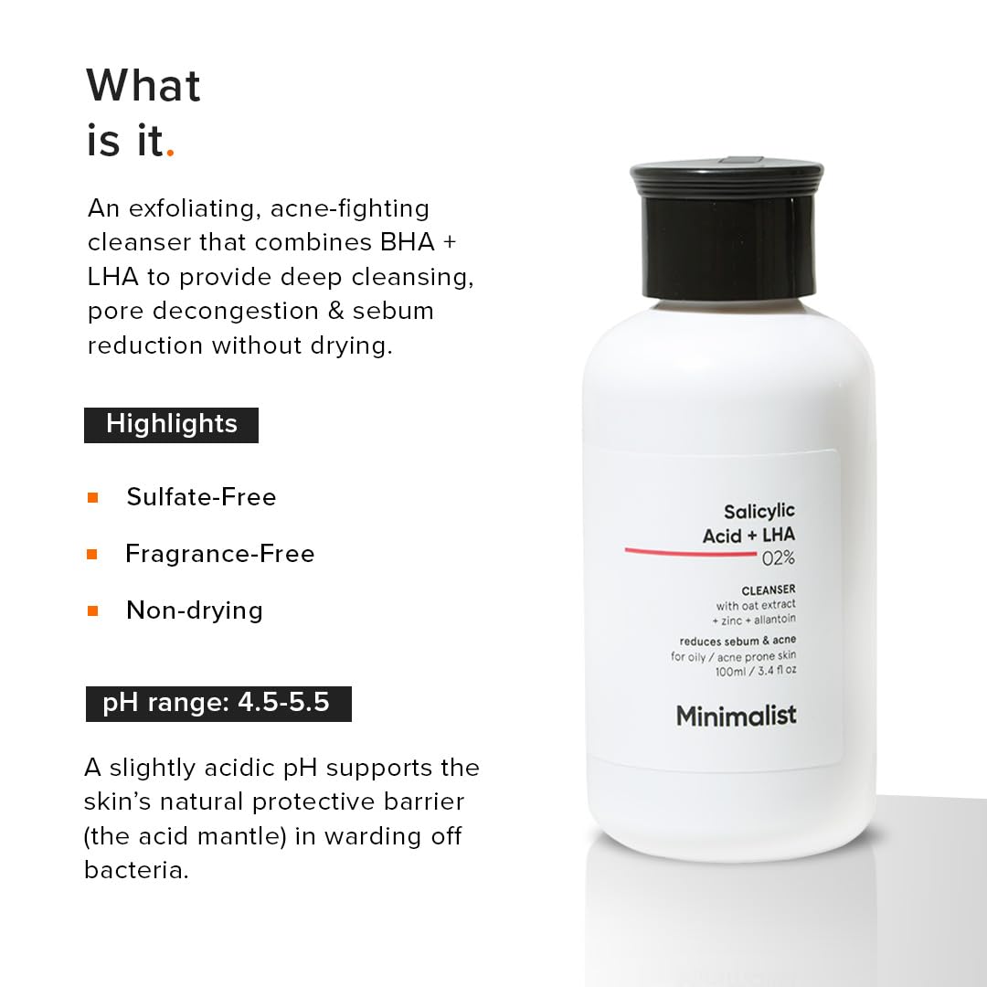 Minimalist Face Wash for Oily, Acne Prone Skin | Salicylic Acid 2% Anti Acne Face Cleanser With LHA & Zinc | Sulphate free Gentle BHA Liquid Exfoliant | For Women & Men | 3.4 Fl Oz / 100 ml