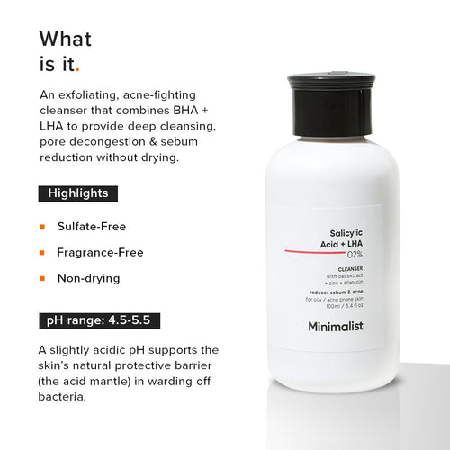 Minimalist Face Wash for Oily, Acne Prone Skin | Salicylic Acid 2% Anti Acne Face Cleanser With LHA & Zinc | Sulphate free Gentle BHA Liquid Exfoliant | For Women & Men | 3.4 Fl Oz / 100 ml
