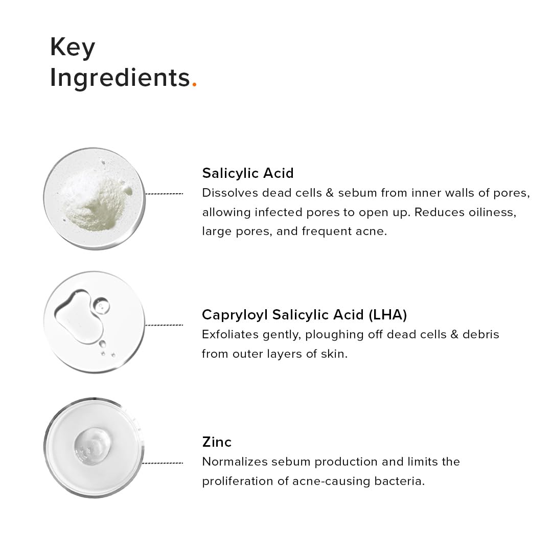 Minimalist Face Wash for Oily, Acne Prone Skin | Salicylic Acid 2% Anti Acne Face Cleanser With LHA & Zinc | Sulphate free Gentle BHA Liquid Exfoliant | For Women & Men | 3.4 Fl Oz / 100 ml